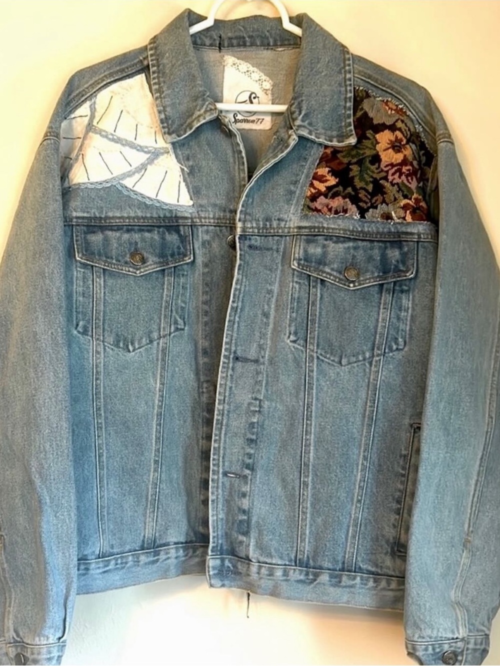 Upcycled vintage embroidery lace doily tapestry patched denim jean jacket